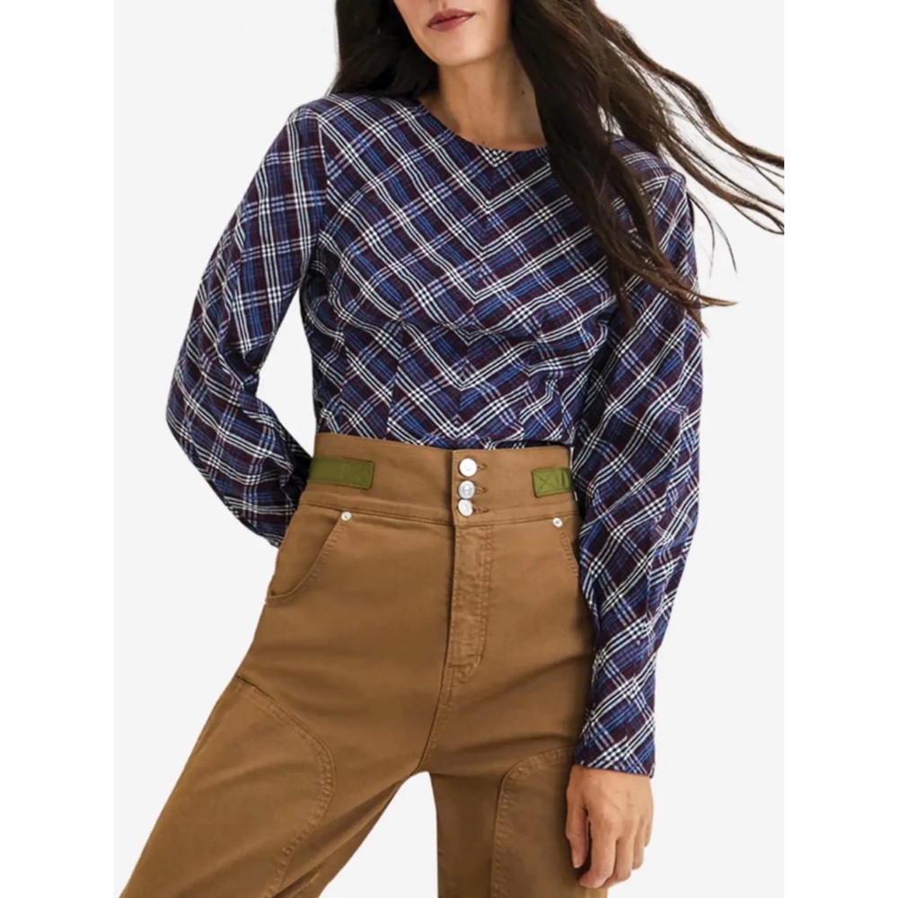 Veronica Beard Hughett Structured Shoulder Padded High Neck Blouse Top Plaid 8